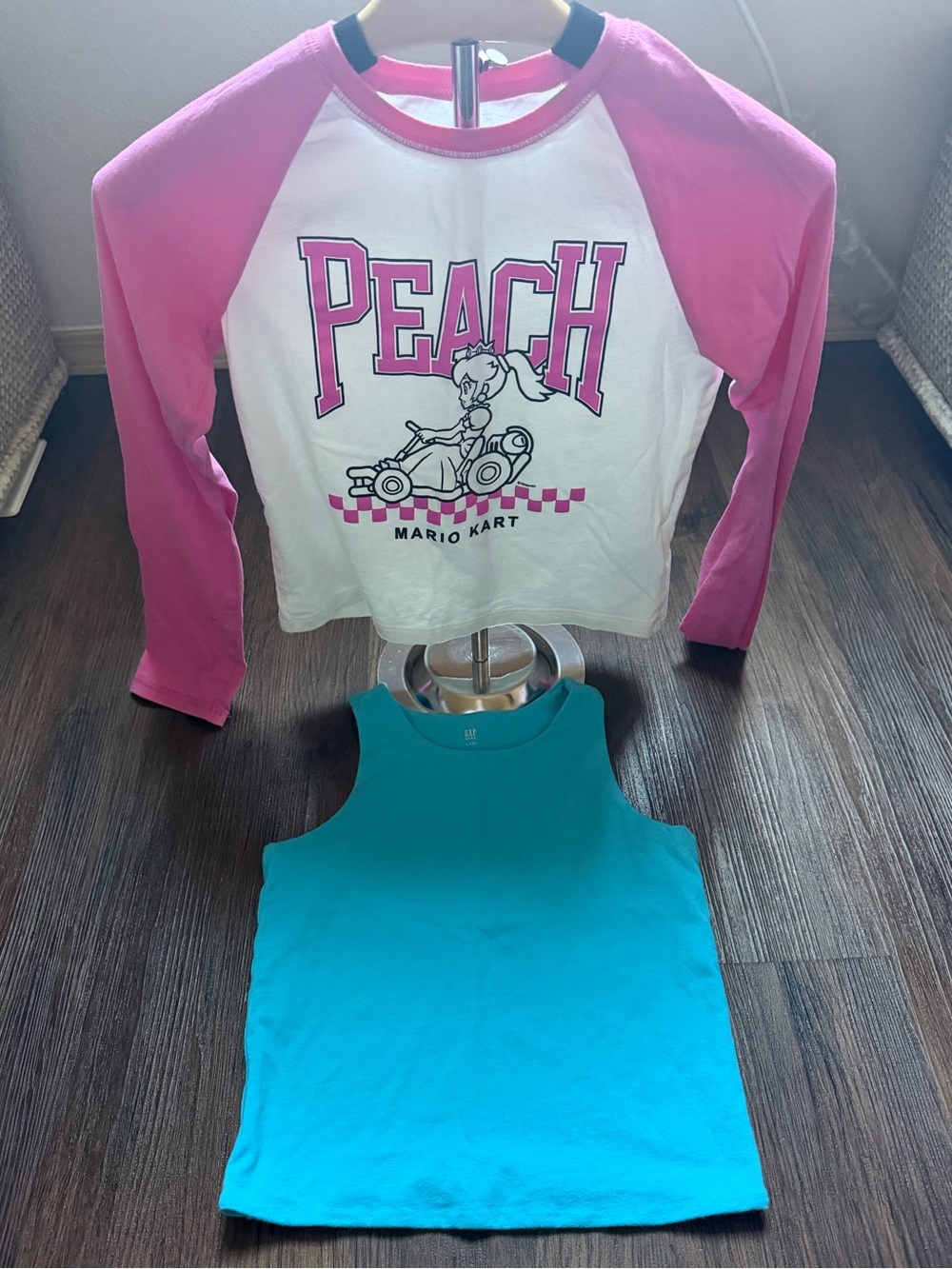 GAP Kids - Girls Peach Mario Kart Pink & White Raglan Tee with Blue Tank